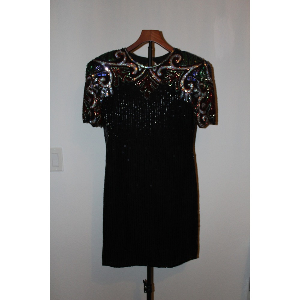 VTG Scala Beaded Silk Dress Black Multicolor Sequin Keyhole Back Petite M
